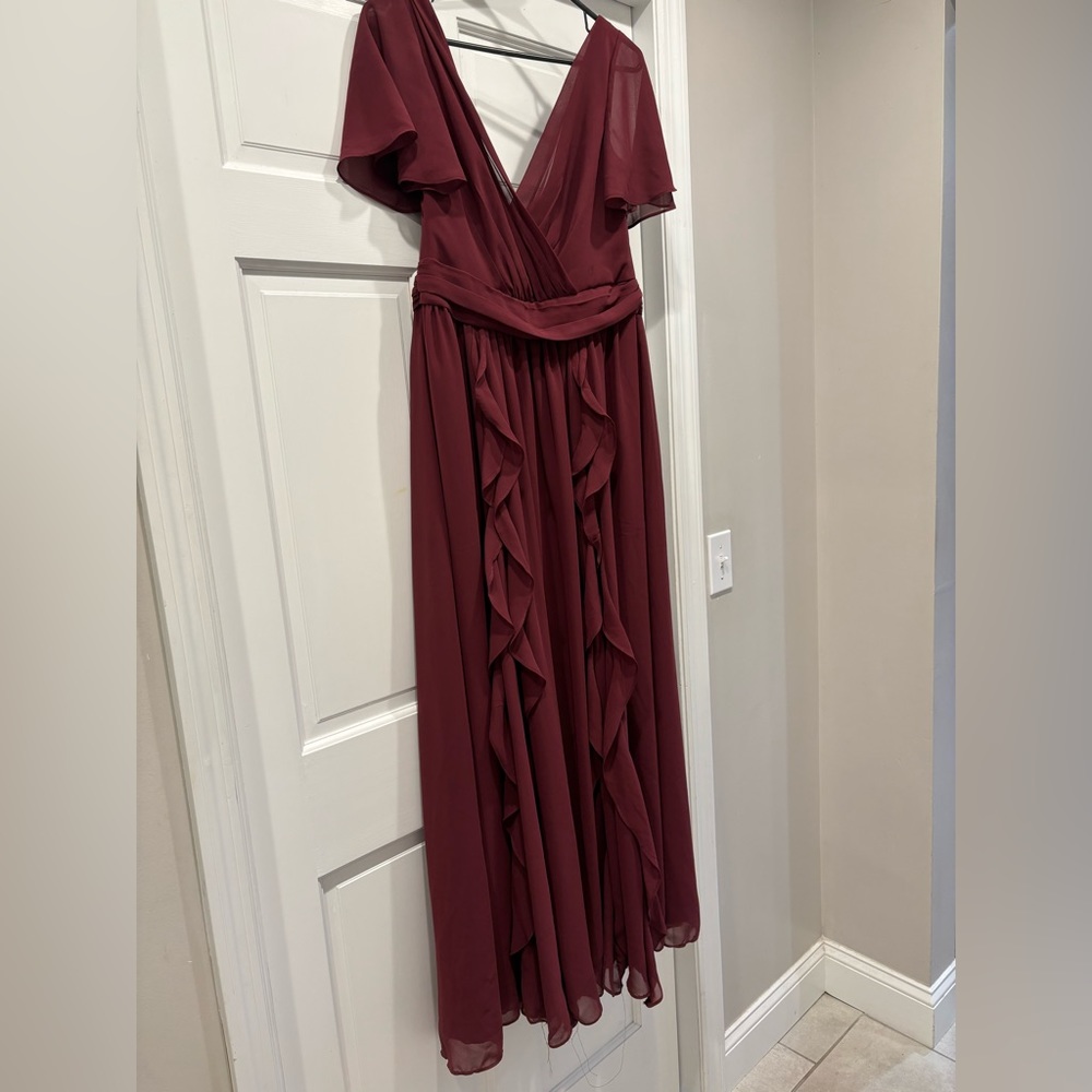 David’s bridal chiffon flutter sleeve ruffle bridesmaid dress, wine